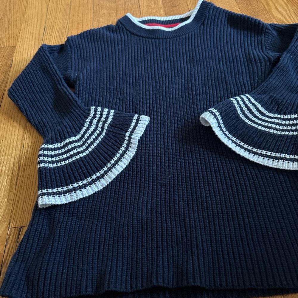 Navy Ribbed Bell-Sleeve Sweater with Light Blue Trim - Picture 2 of 4
